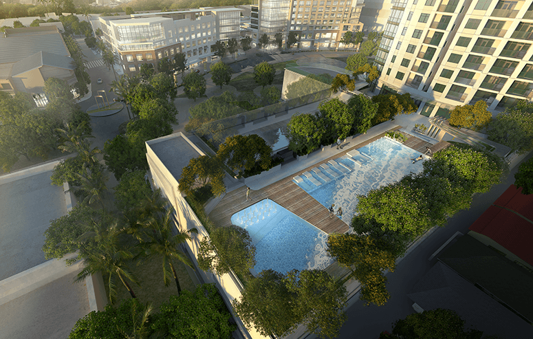 Artist's perspective of pool deck